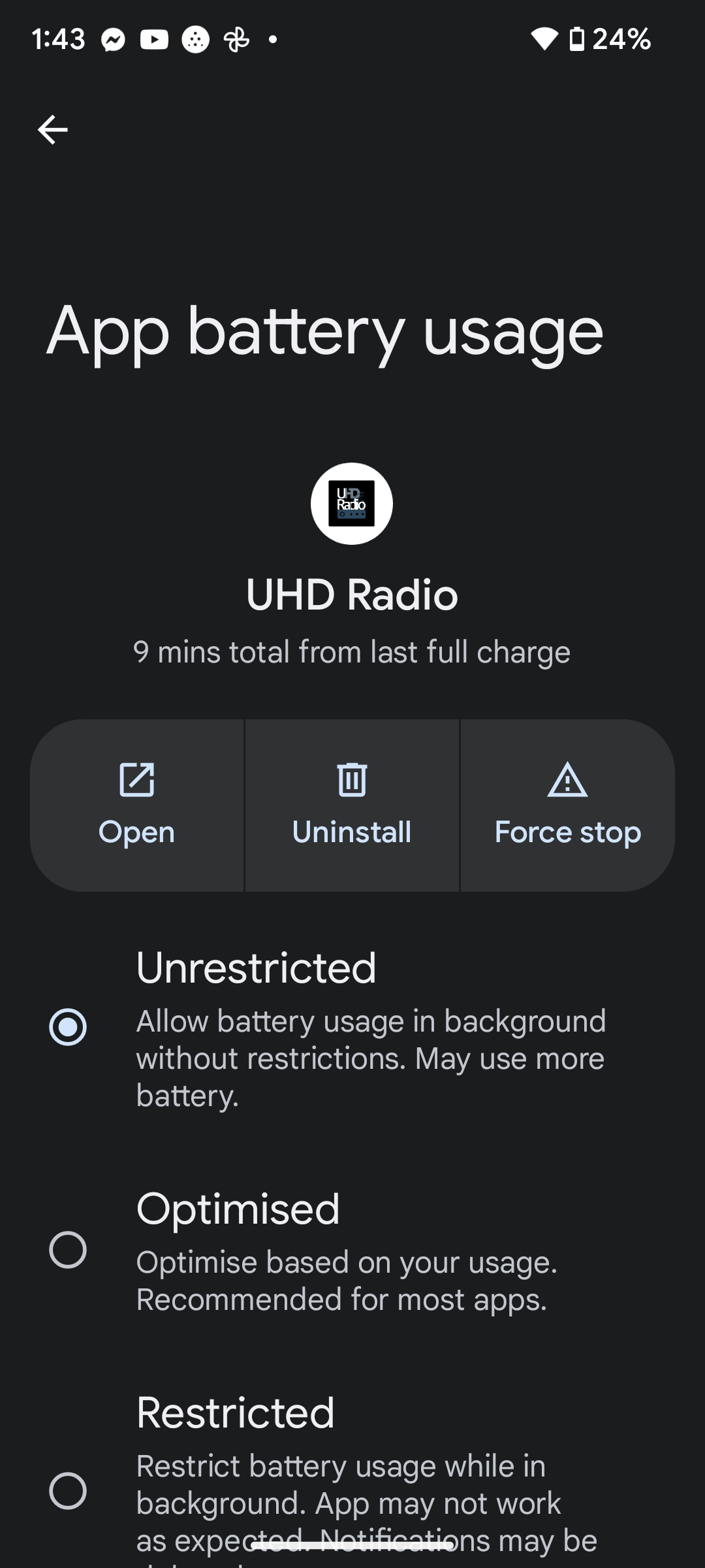 UHD Radio App Battery Settings